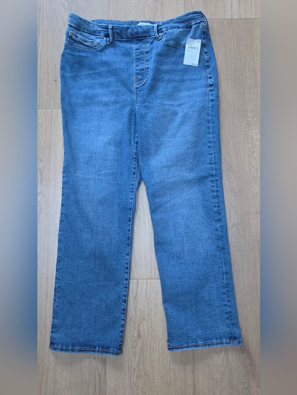 Good American Power Stretch Pull-On Straight Jeans XL High Rise Light Wash 27.5"